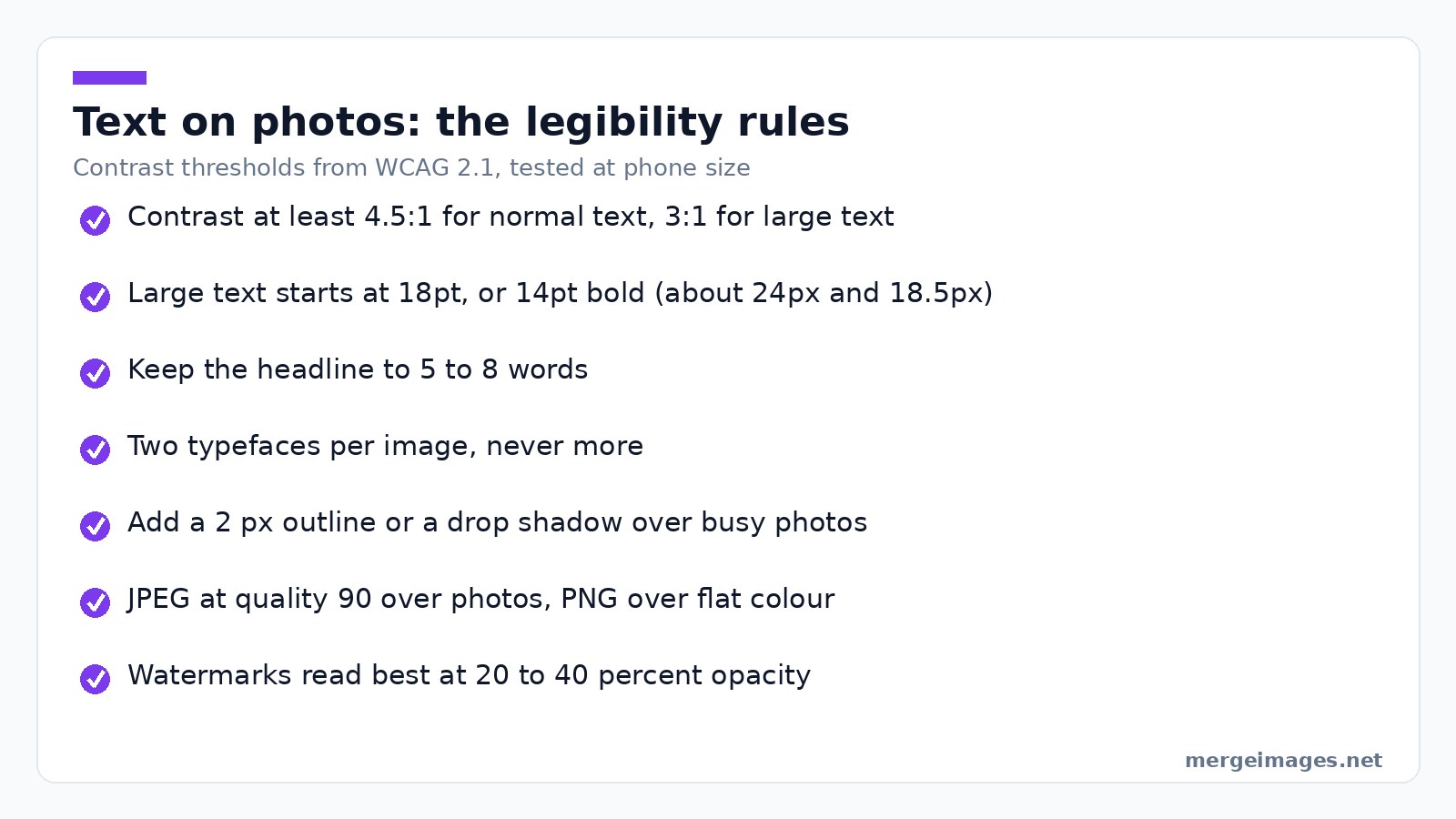 Checklist of legibility rules for adding text to photos online, including contrast ratios and export format