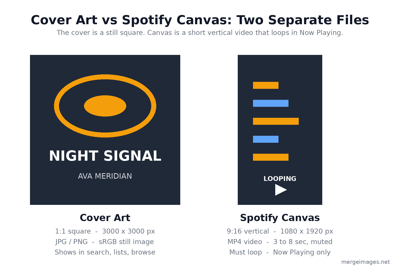Cover art versus Spotify Canvas side by side: a 1:1 square 3000 by 3000 still next to a 9:16 vertical 1080 by 1920 looping MP4 video, with specs for each