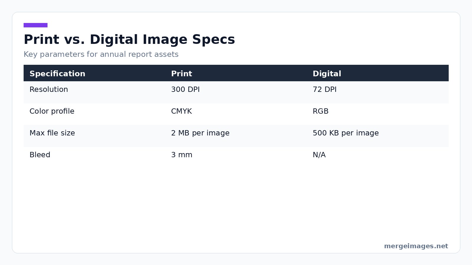 Table comparing key print and digital image specifications for corporate annual reports, highlighting resolution, color profile, file size, and bleed requirements
