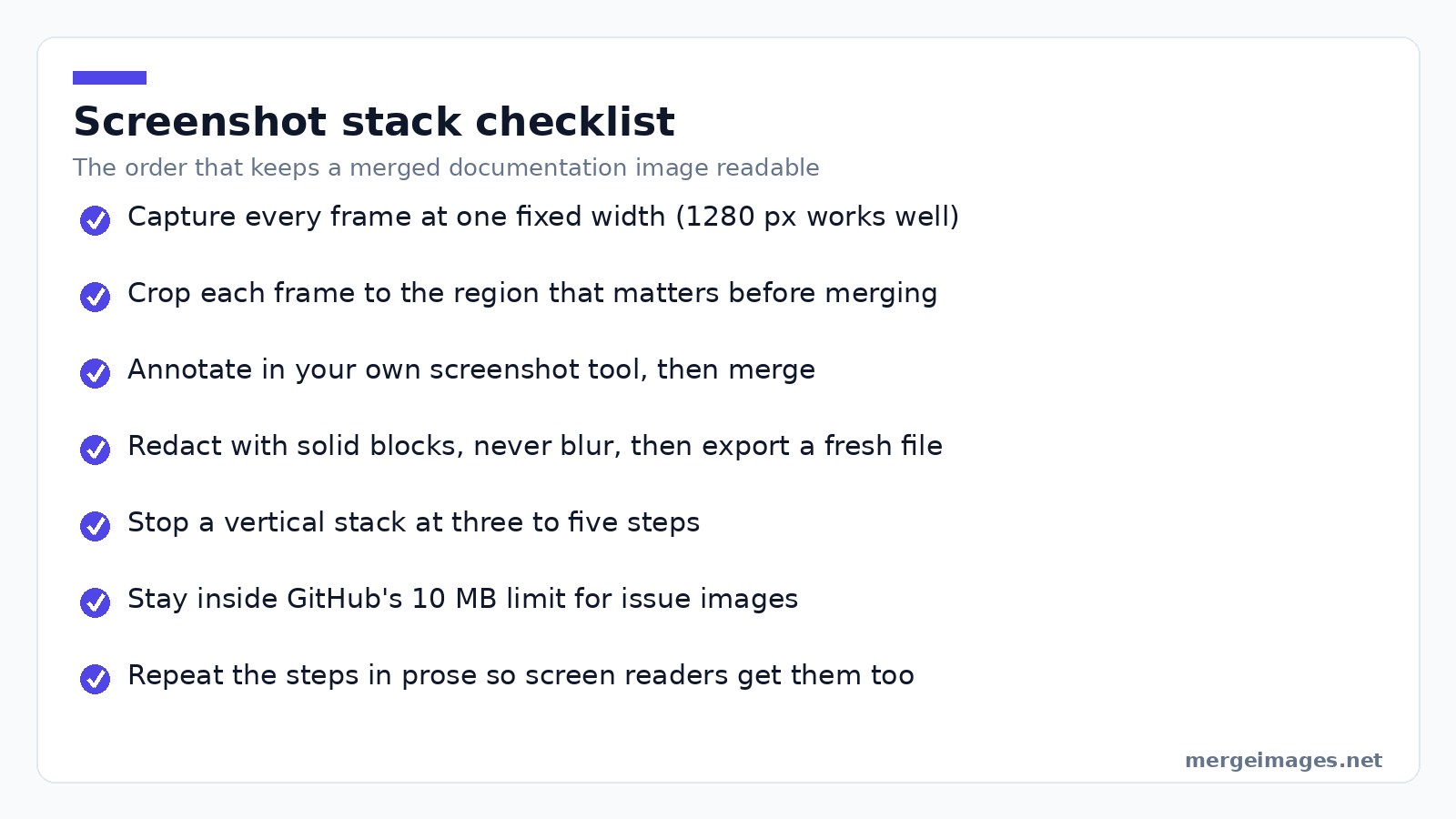 Checklist for combining screenshots into documentation images with widths, redaction and size limits