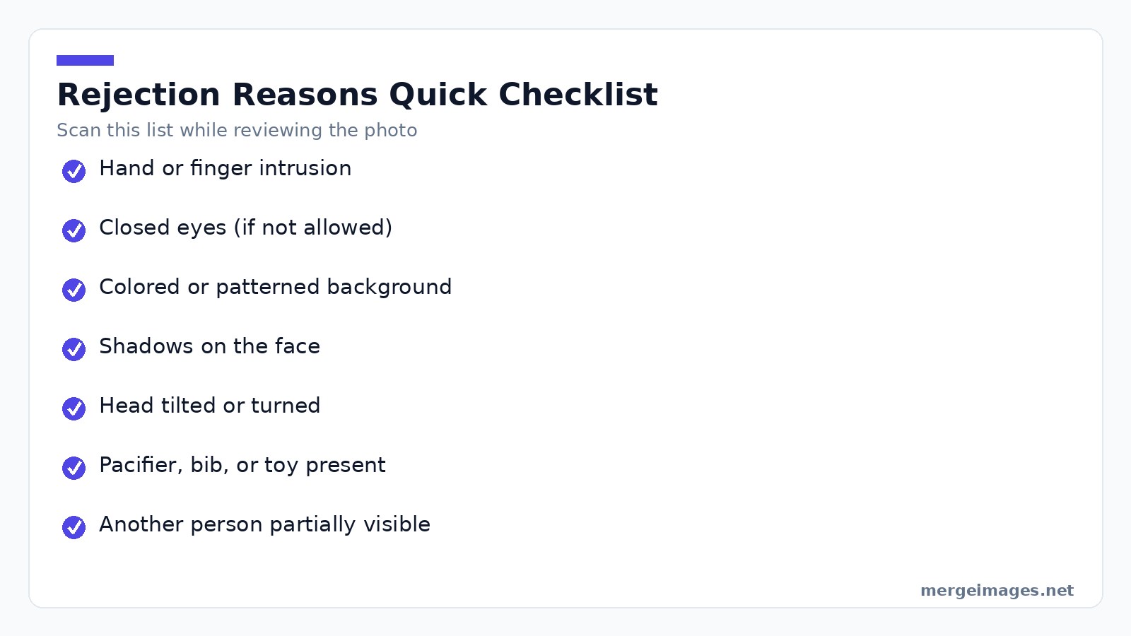 Checklist diagram of the eight typical reasons baby passport photos are rejected