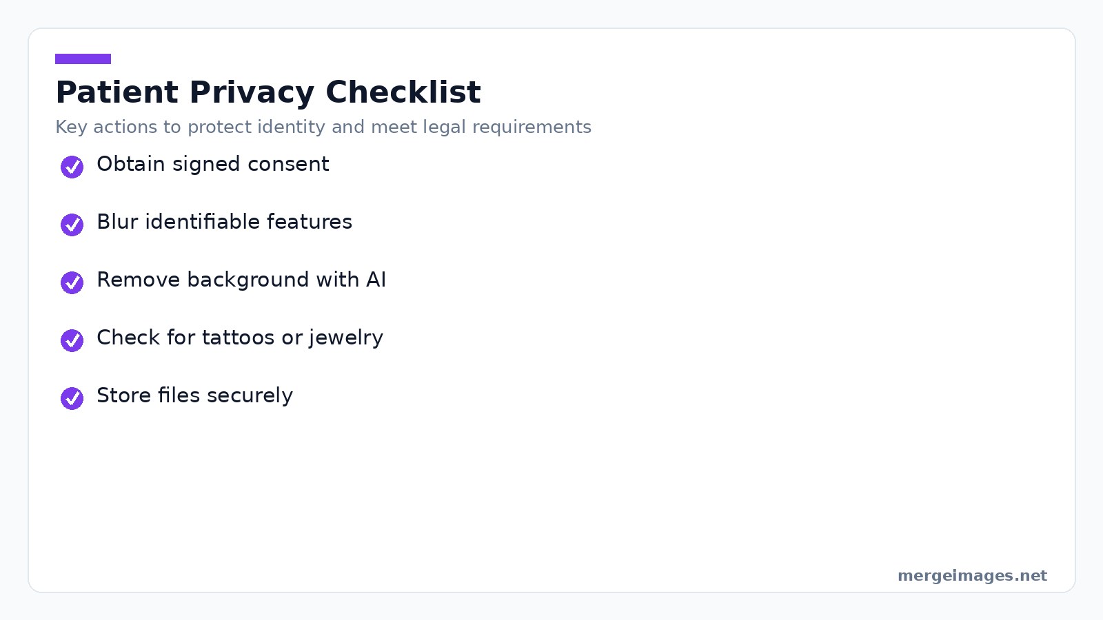 Checklist of steps to ensure patient privacy and compliance when using dental before after photos