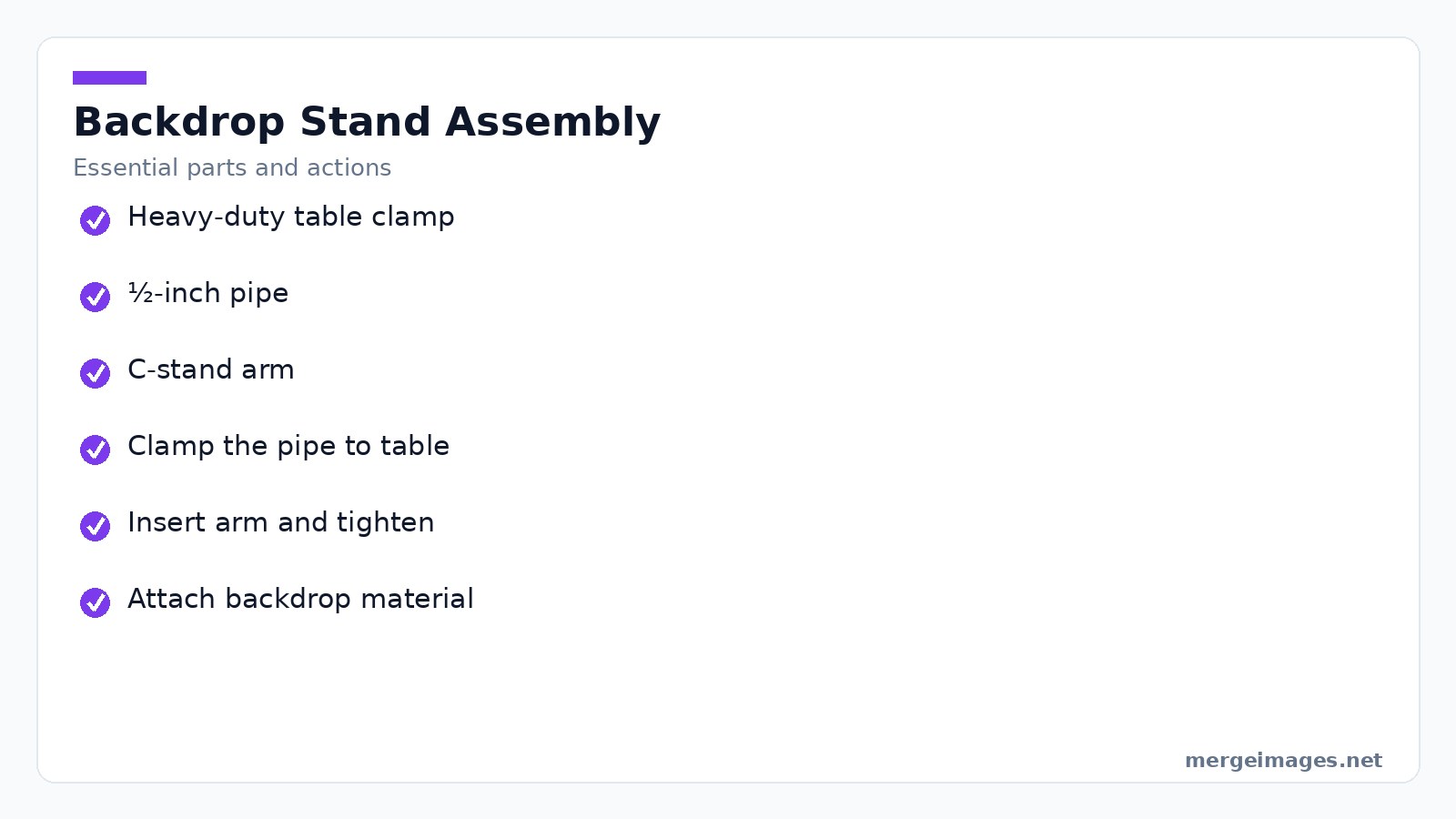 Checklist of components and steps to assemble a portable backdrop stand