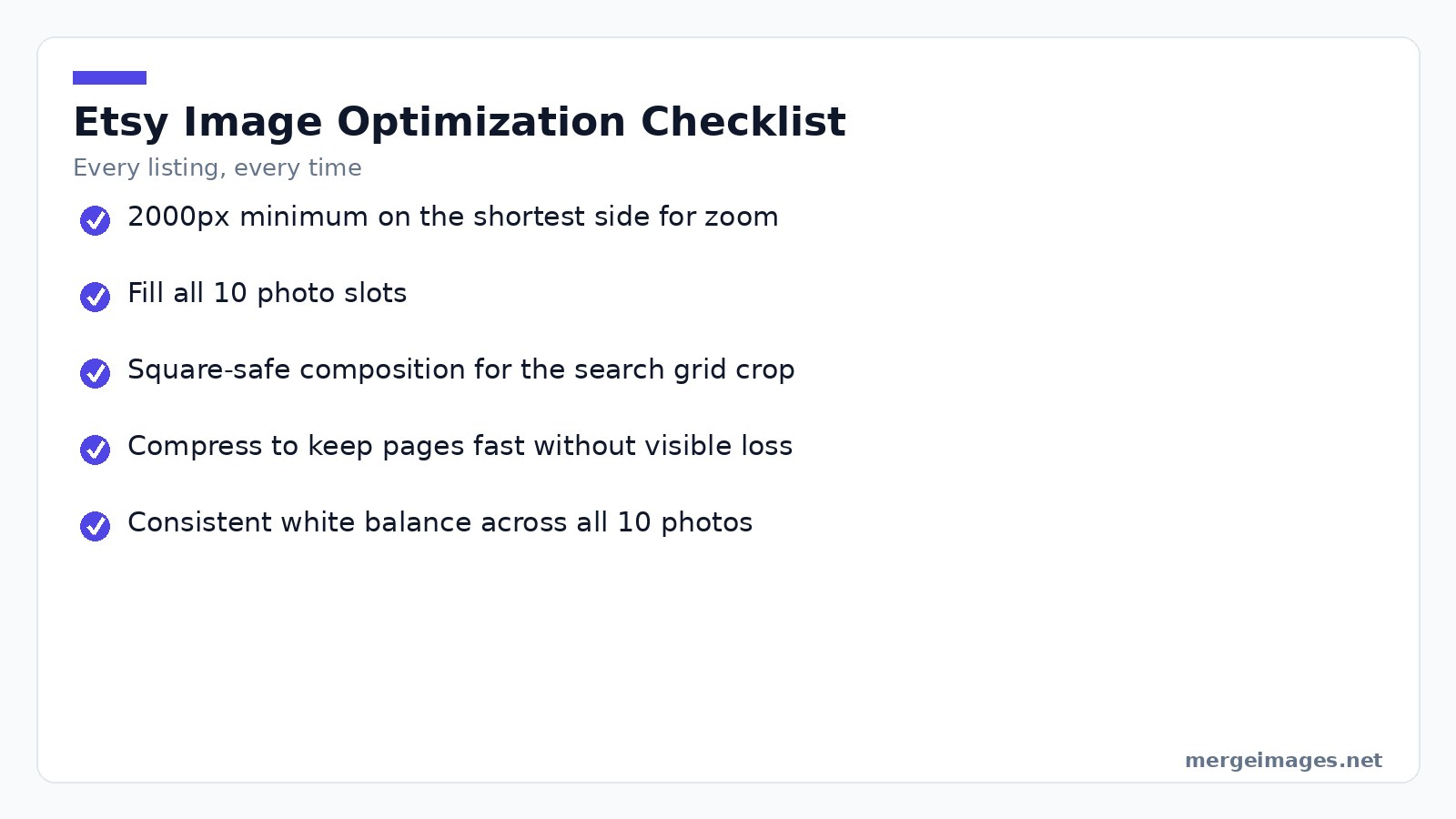 Checklist of Etsy listing image optimization rules that affect search and conversion