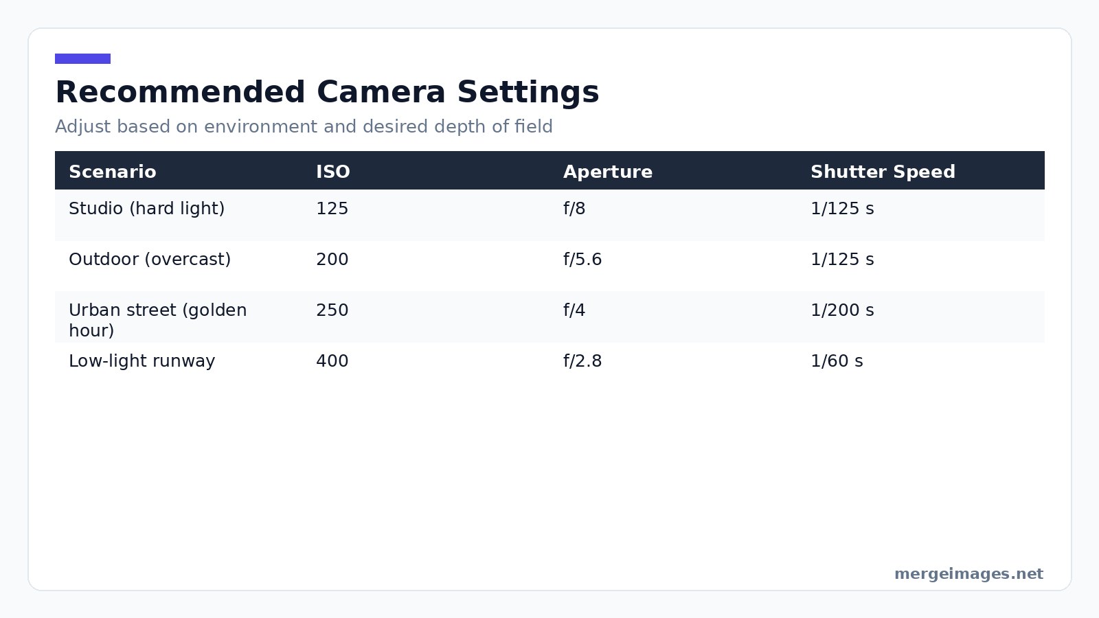 Table summarizing recommended ISO, aperture, shutter speed, and focal length for studio and outdoor fashion shoots