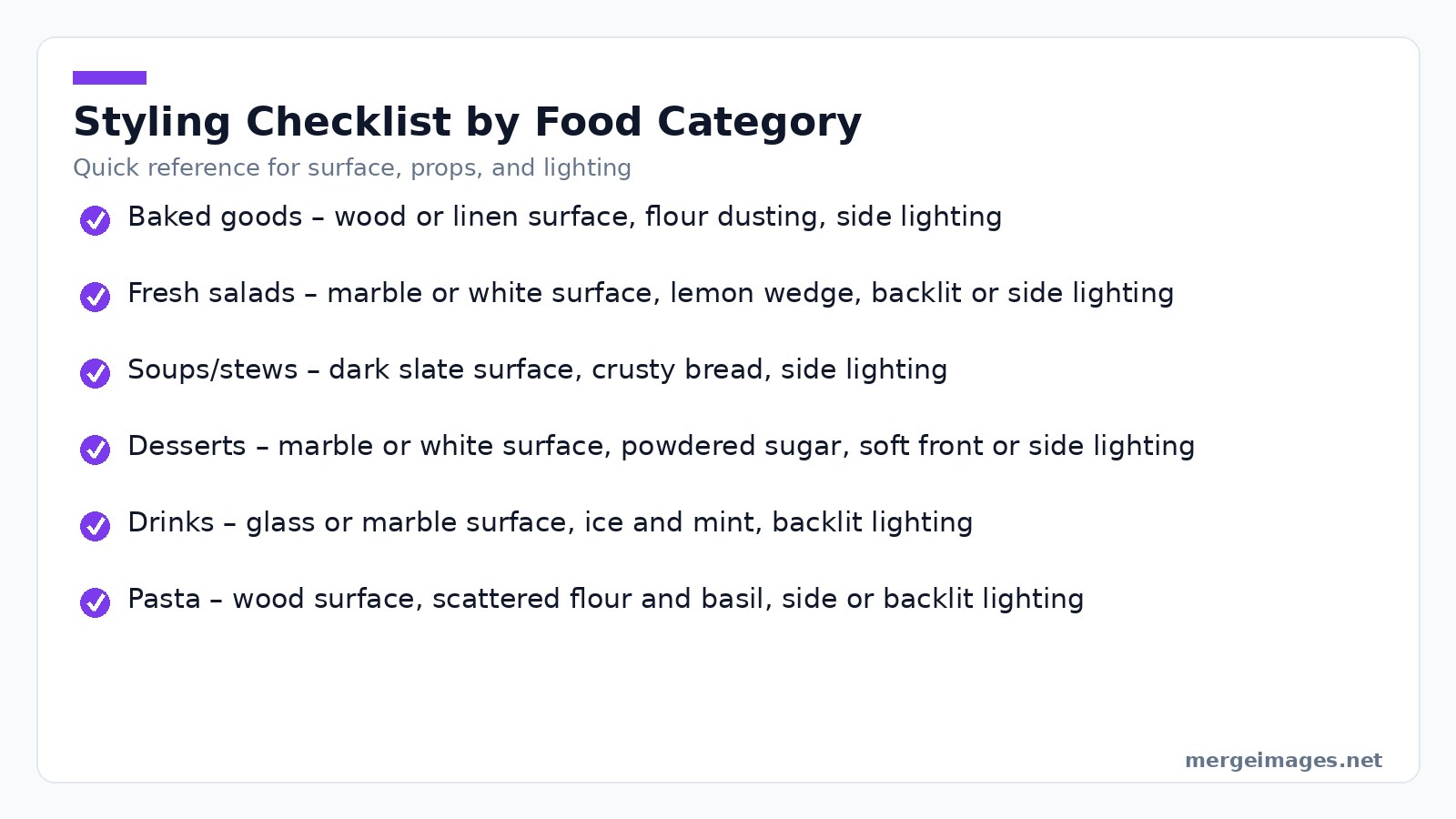 Checklist of essential styling elements for different food categories to ensure consistent visual appeal