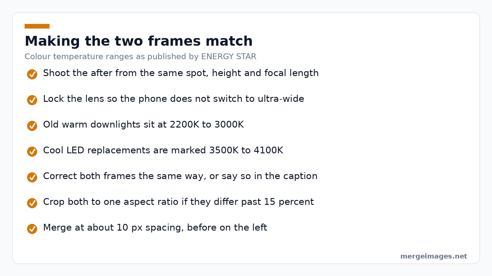 Checklist for matching camera position and light between home renovation before and after photos