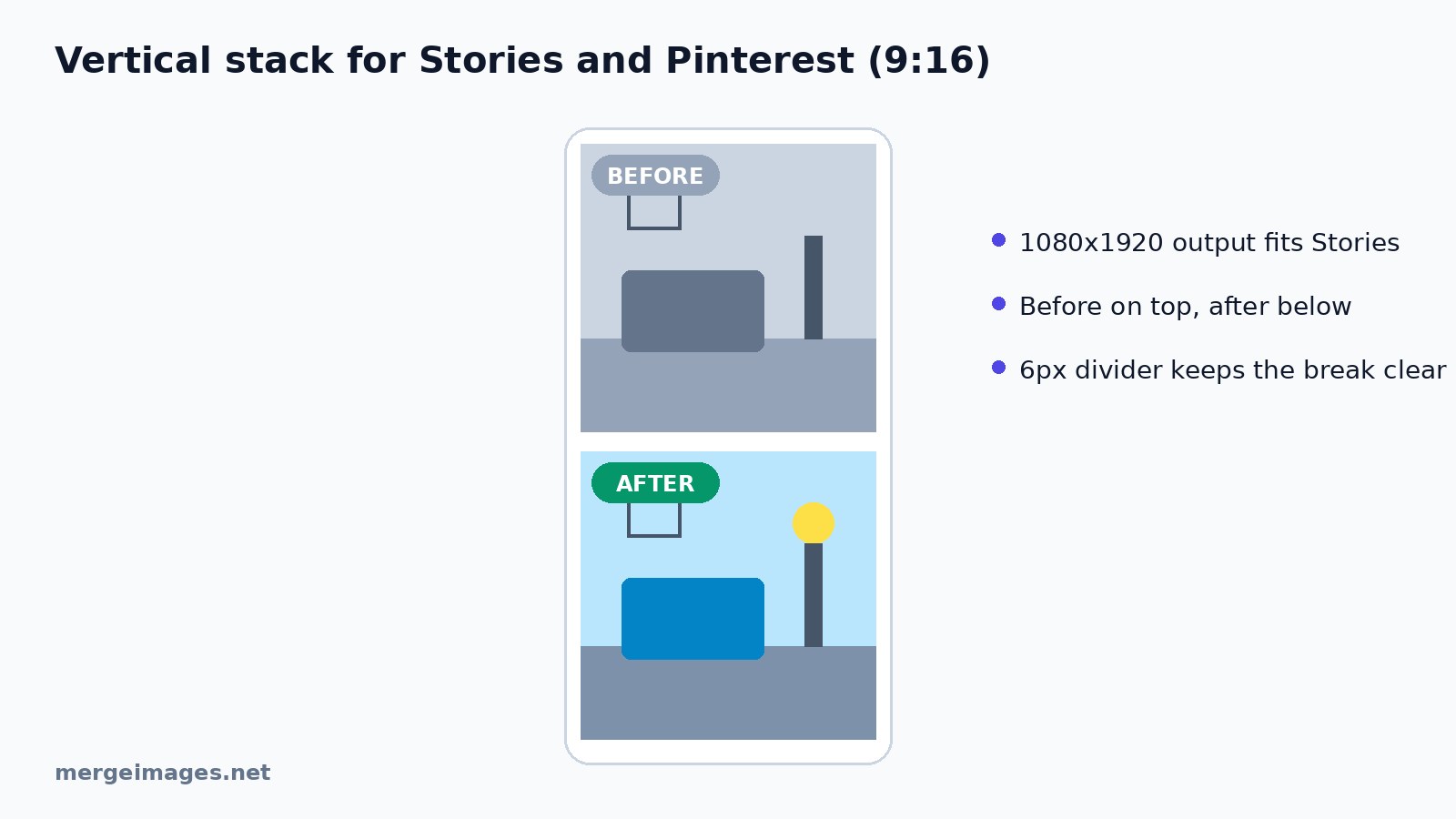 example of a vertical before and after photo created online showing top before and bottom after layout for Instagram Stories