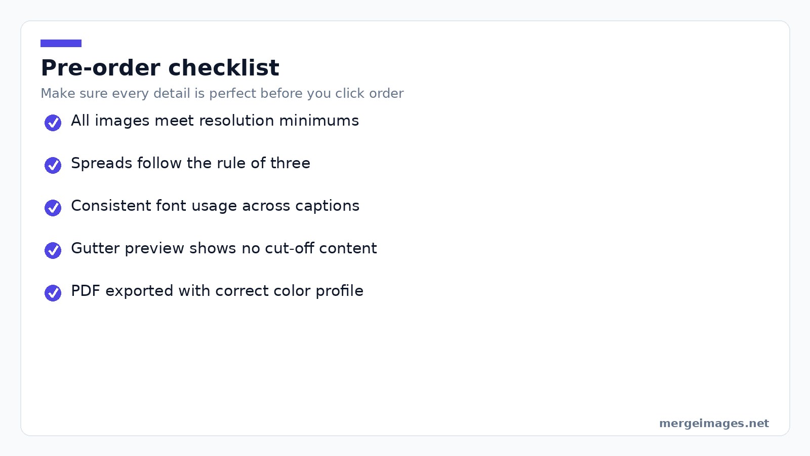 Checklist of final steps before ordering a photo book