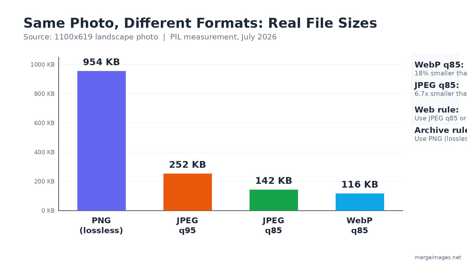Format compression comparison: PNG vs JPEG q95 vs JPEG q85 vs WebP q85