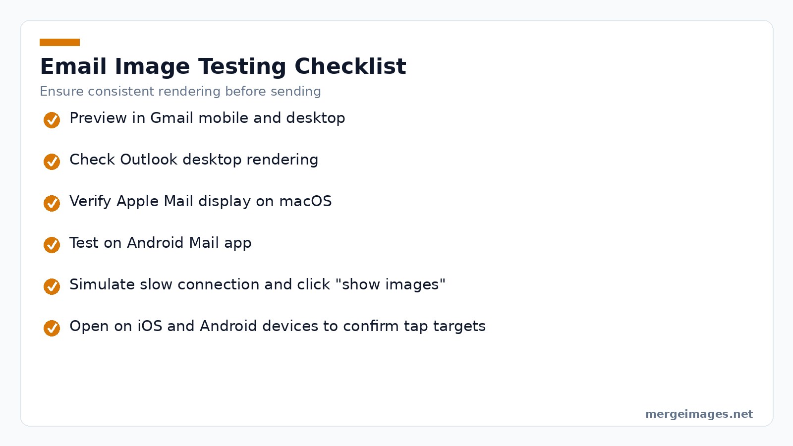 Checklist of steps to test email images across clients and devices