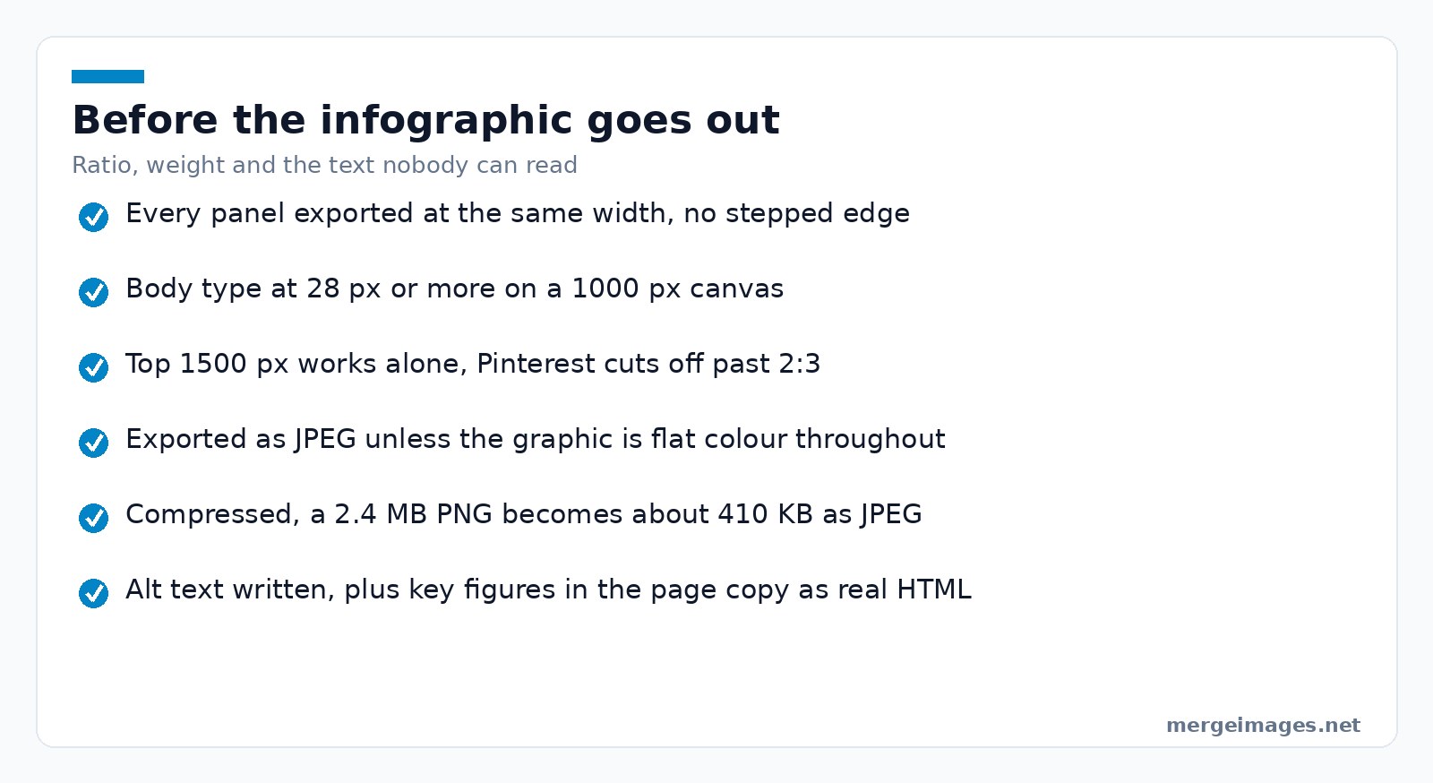 Checklist for exporting a tall merged infographic covering ratio, file size and alt text