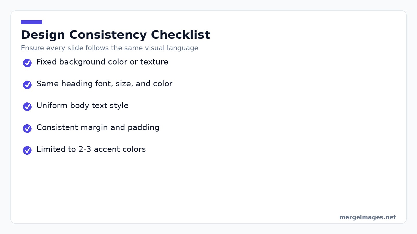 Checklist of visual consistency items to apply across all carousel slides
