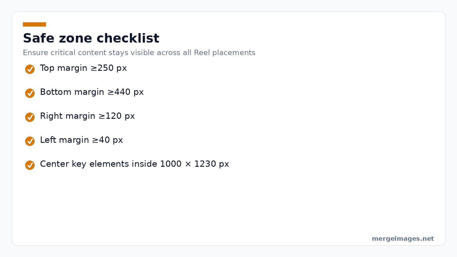 Checklist of pixel margins that define the safe zone for text and graphics in Instagram Reels
