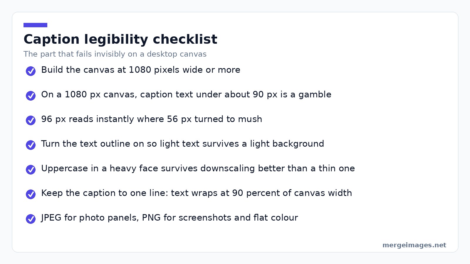 Checklist for meme caption legibility covering font size outline uppercase and export format choices