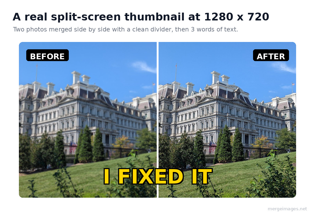 A real split-screen YouTube thumbnail built at 1280 by 720 from two merged before and after photos with a white divider, corner BEFORE and AFTER labels, and a bold three-word headline