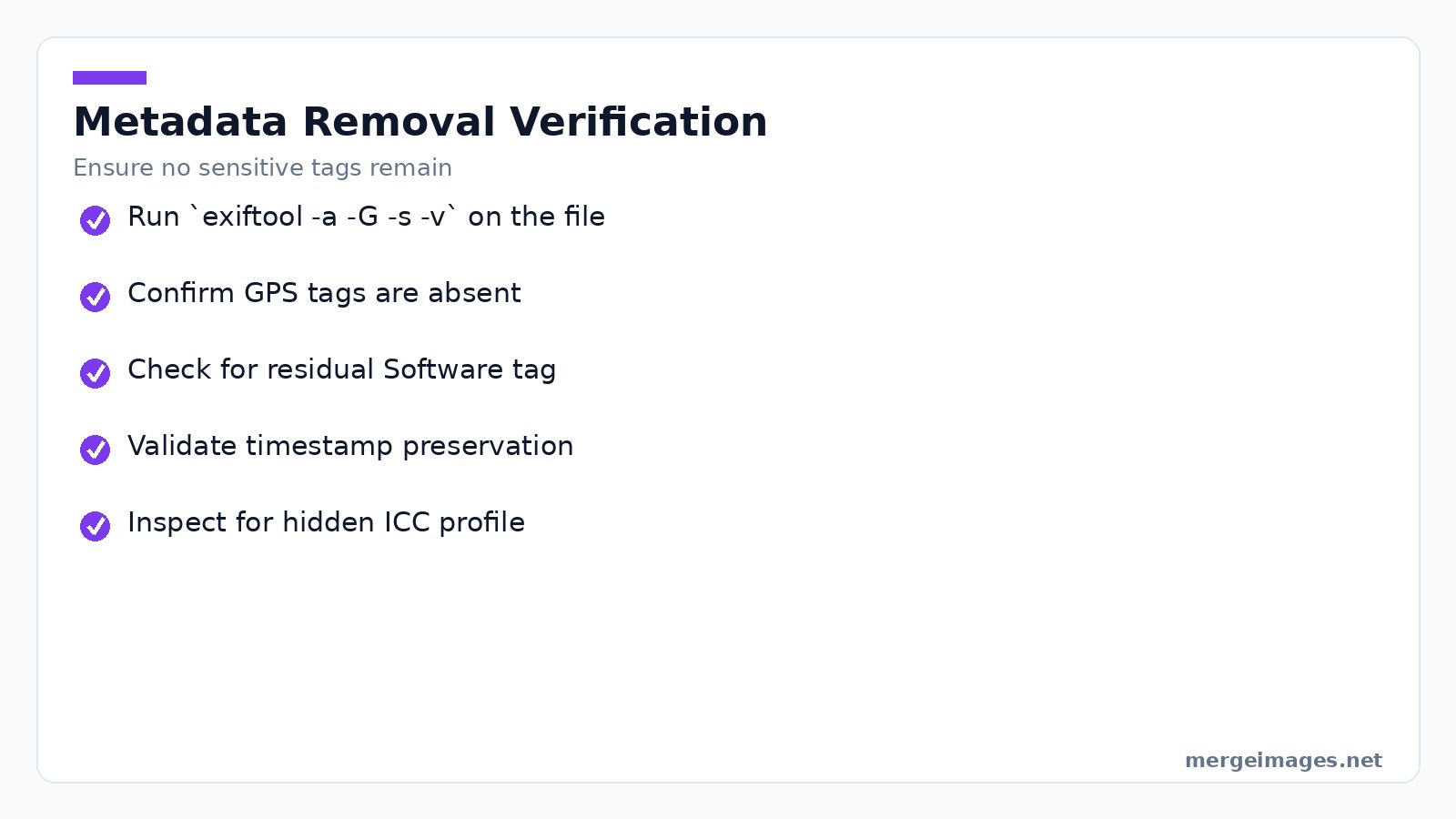 Checklist of items to verify after removing metadata from images
