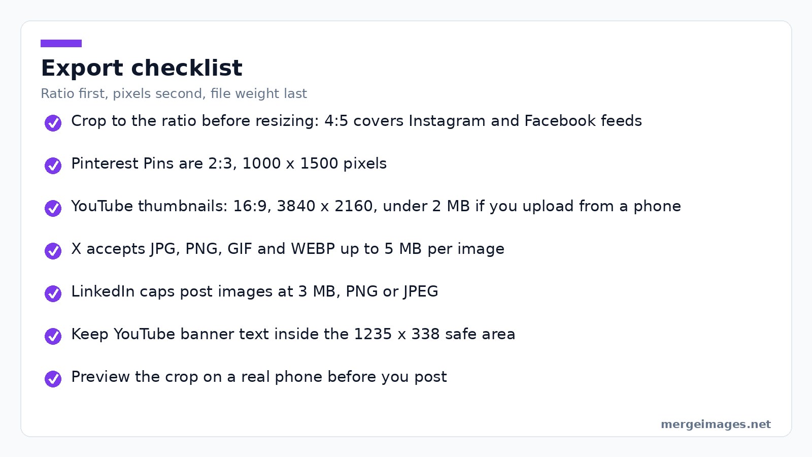 Checklist of social media image export steps covering aspect ratio pixel size and file size ceilings