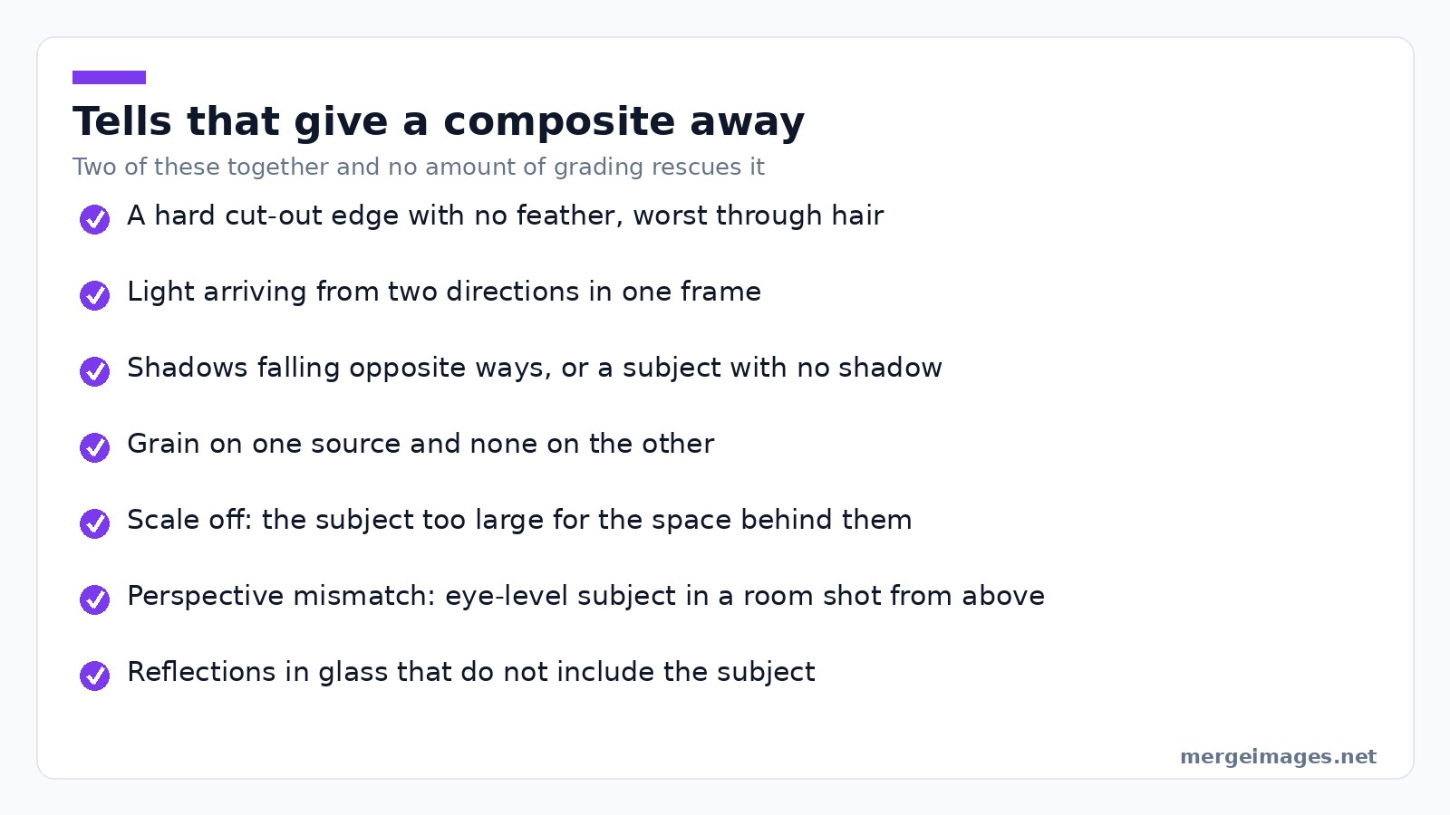Checklist of visual tells that give away a merged stock image composite as fake to a viewer