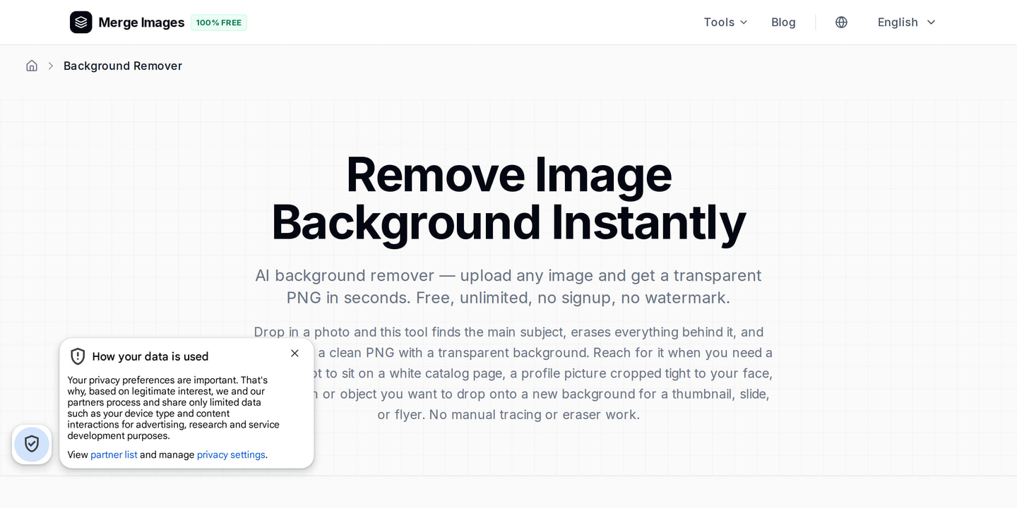 The background remover interface on MergeImages: AI background removal to transparent PNG