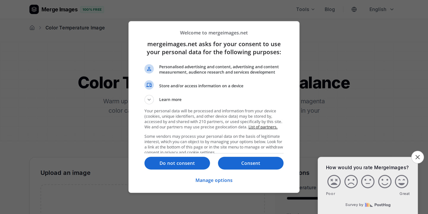 The color temperature tool interface on MergeImages: warm or cool an image with one slider
