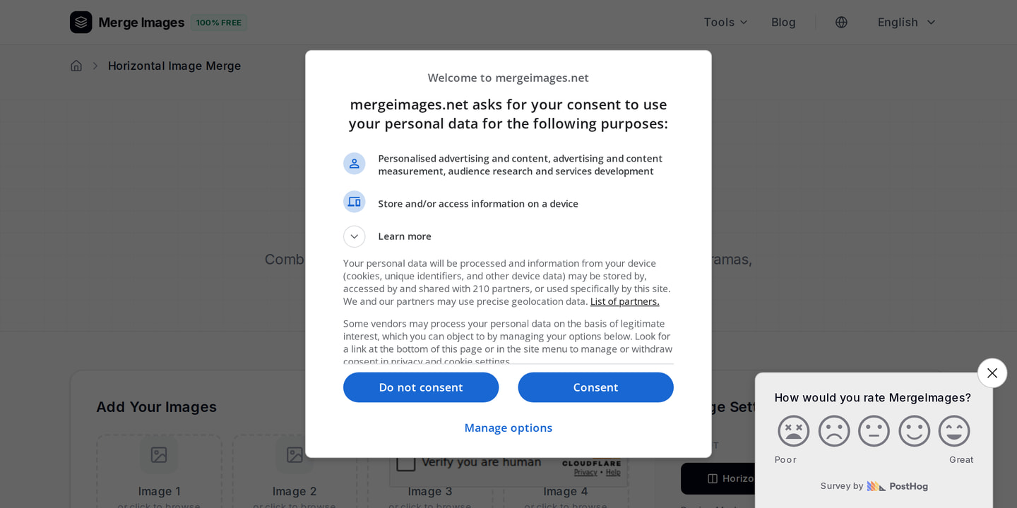 The horizontal image merge tool interface on MergeImages: join photos side by side