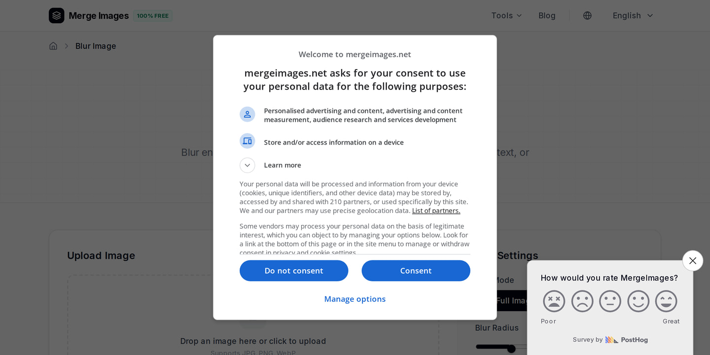 The blur tool interface on MergeImages: apply a clean full-image blur