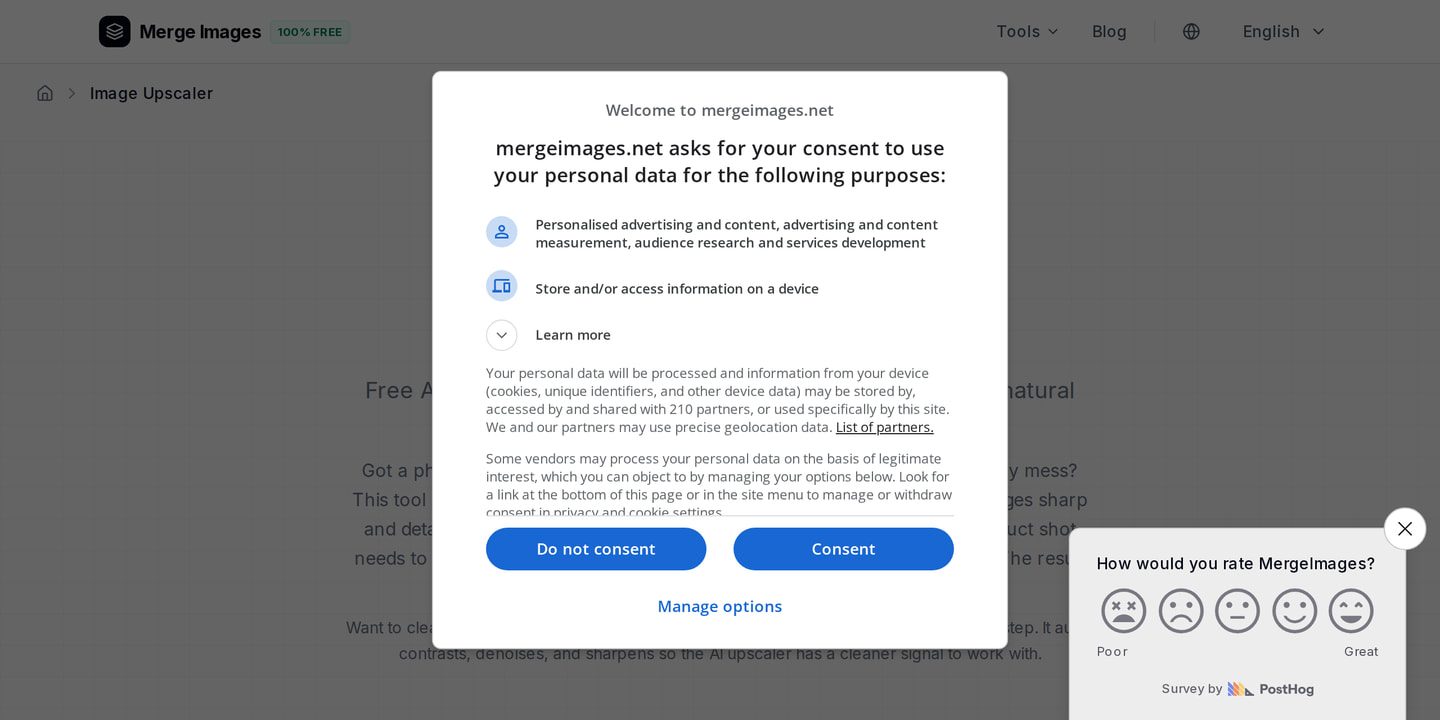 The image upscaler interface on MergeImages: AI upscaling for low-resolution images
