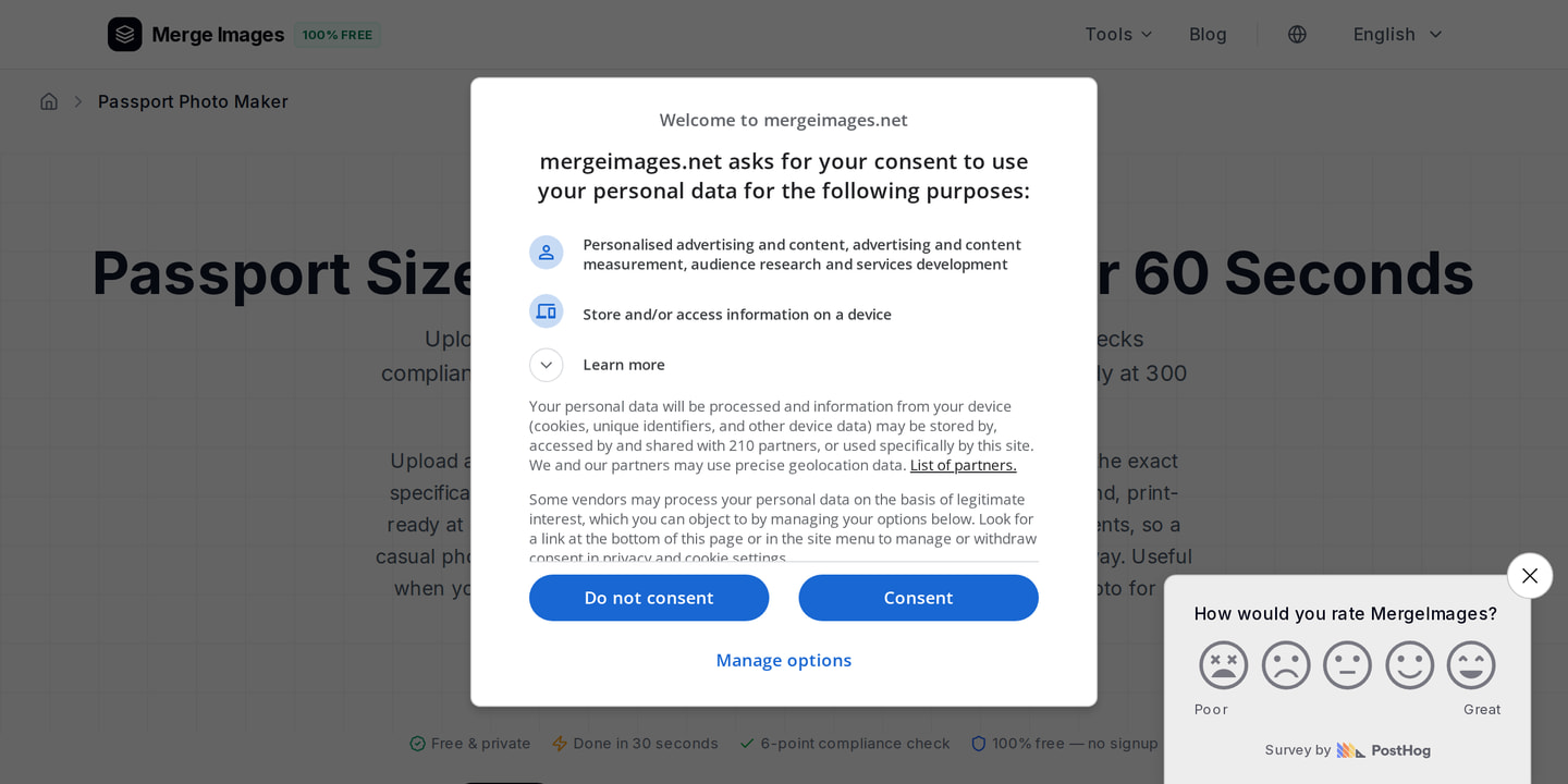 The passport photo maker interface on MergeImages: compliant photos with automatic checks