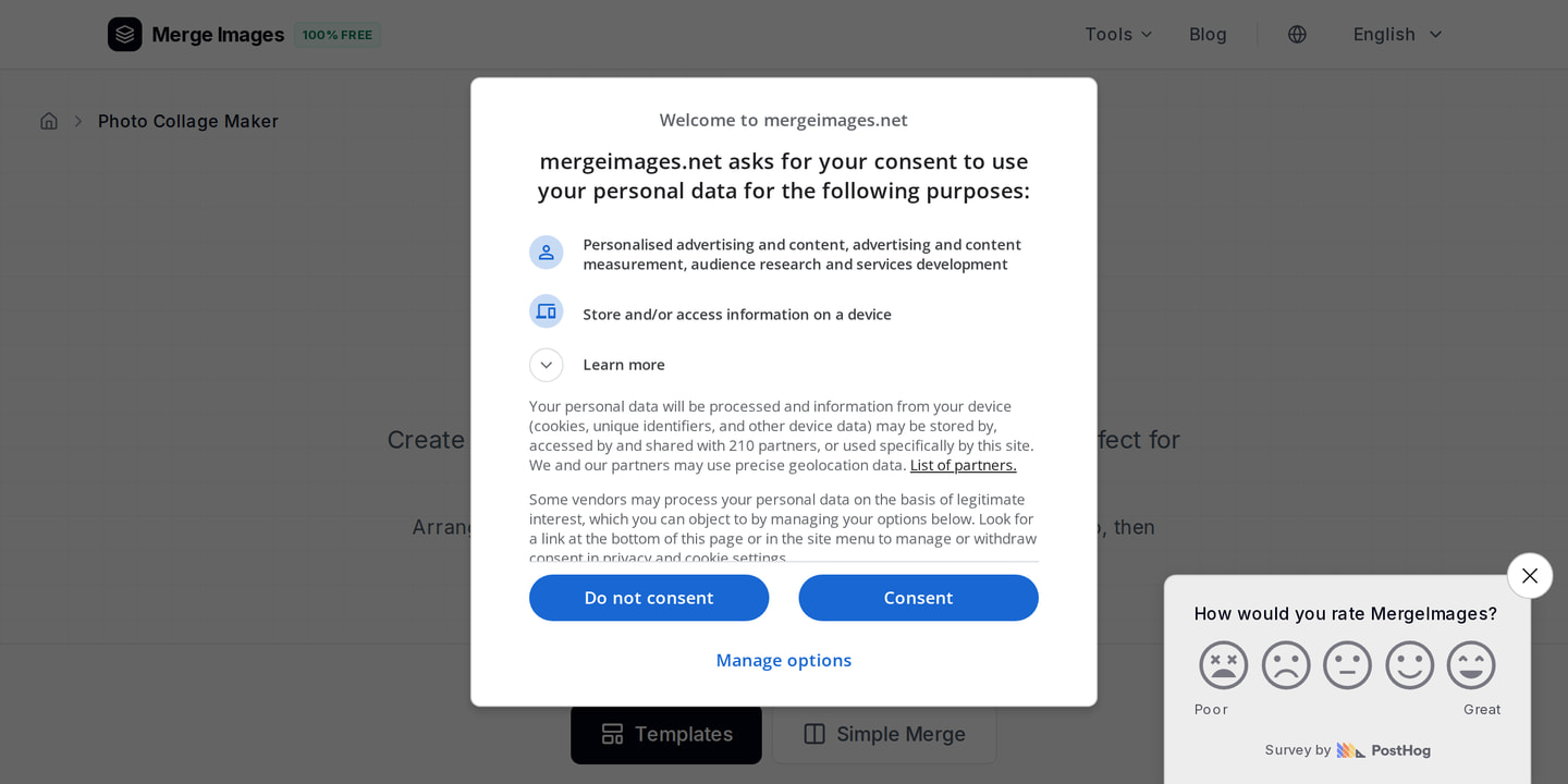 The photo collage maker interface on MergeImages: arrange photos in grid layouts