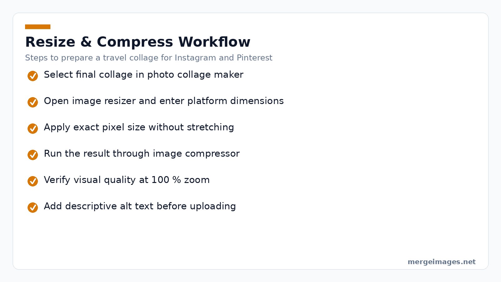 Checklist of steps to resize and compress travel collages for social media platforms