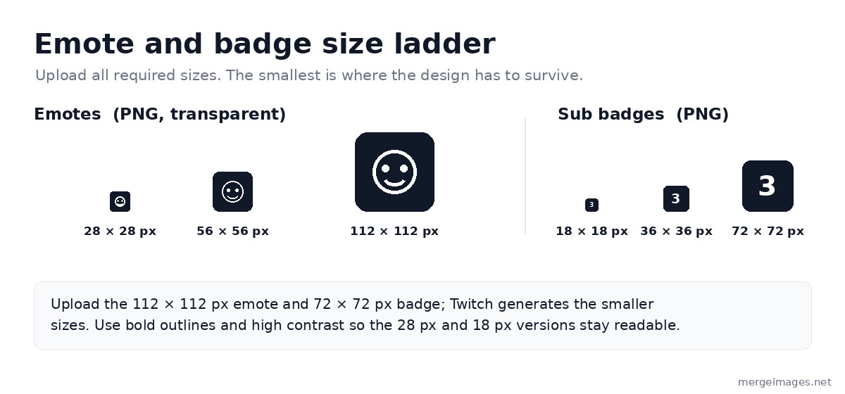 Twitch emote and sub badge size ladder showing emotes at 28, 56 and 112 px and sub badges at 18, 36 and 72 px as scaled chips with exact upload sizes