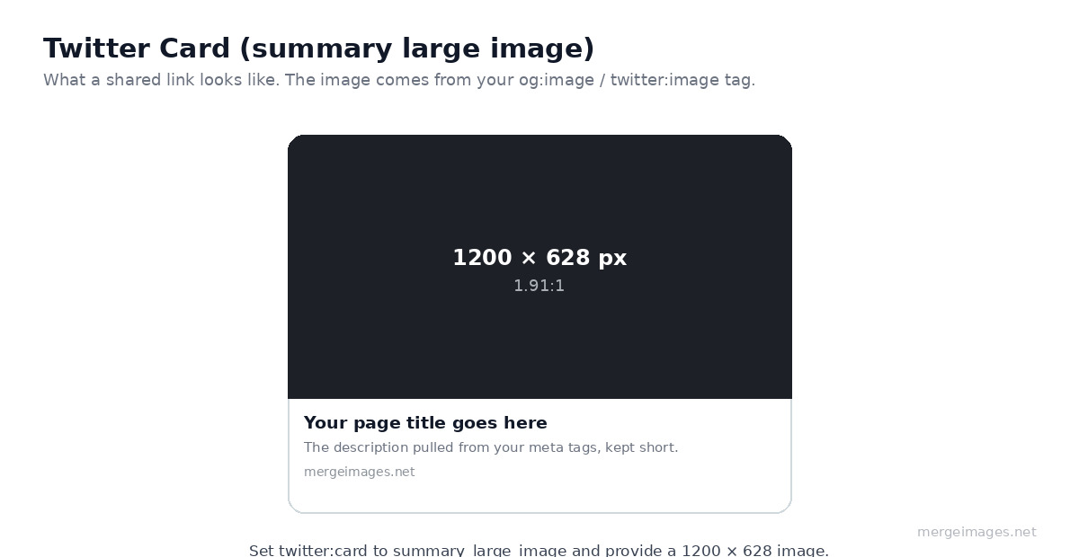 Twitter Card summary large image preview: a 1200 by 628 pixel image at 1.91:1 above the page title, description and domain