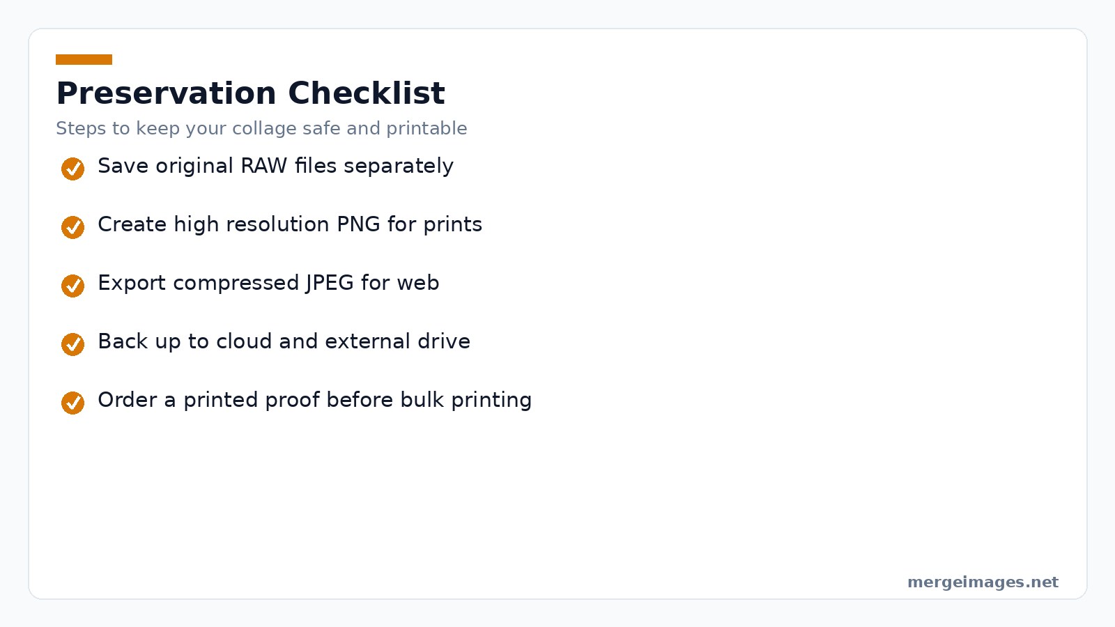 Checklist of steps to preserve wedding collage files for future use
