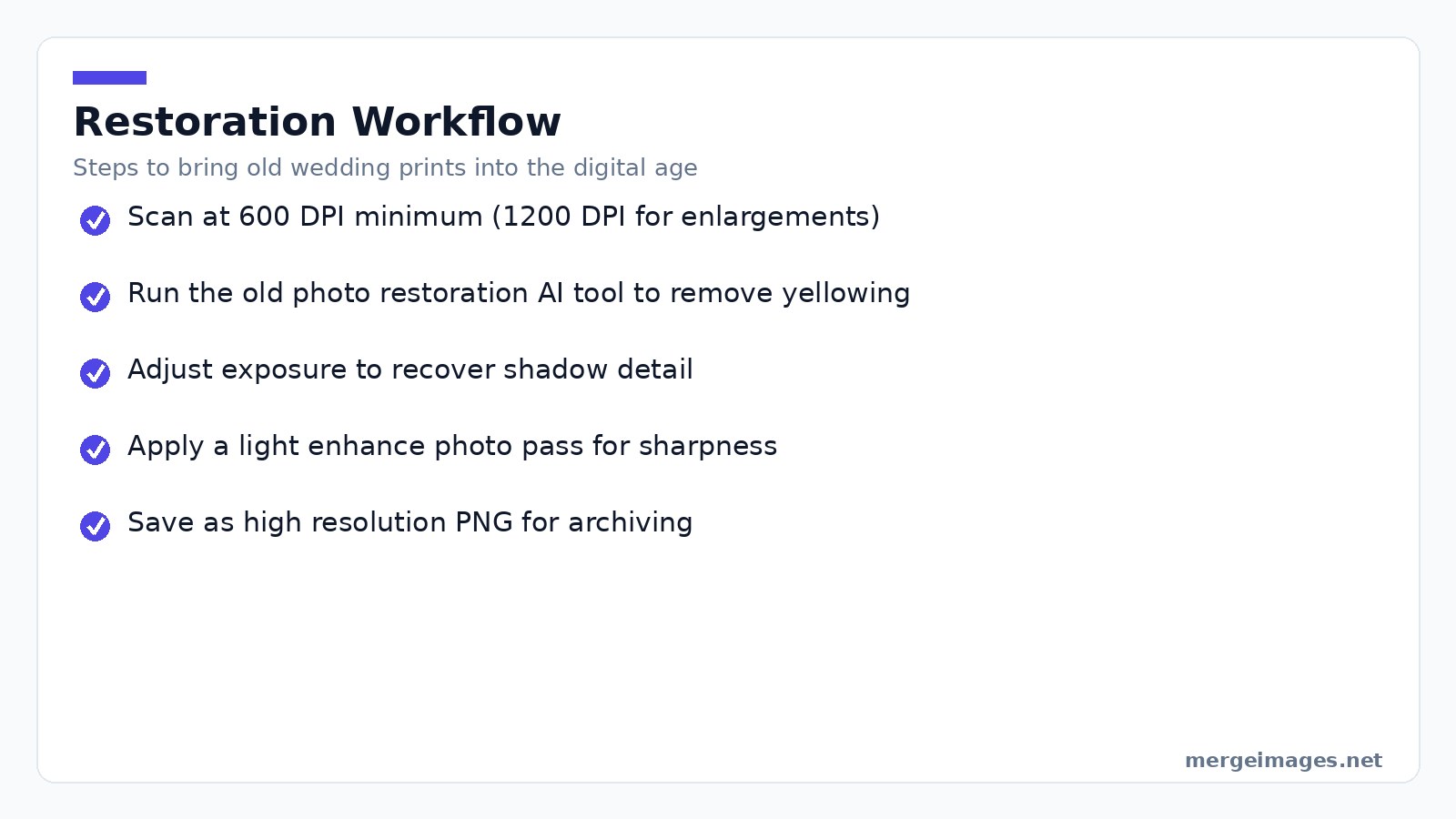 Checklist of steps for restoring scanned vintage wedding photographs using AI tools