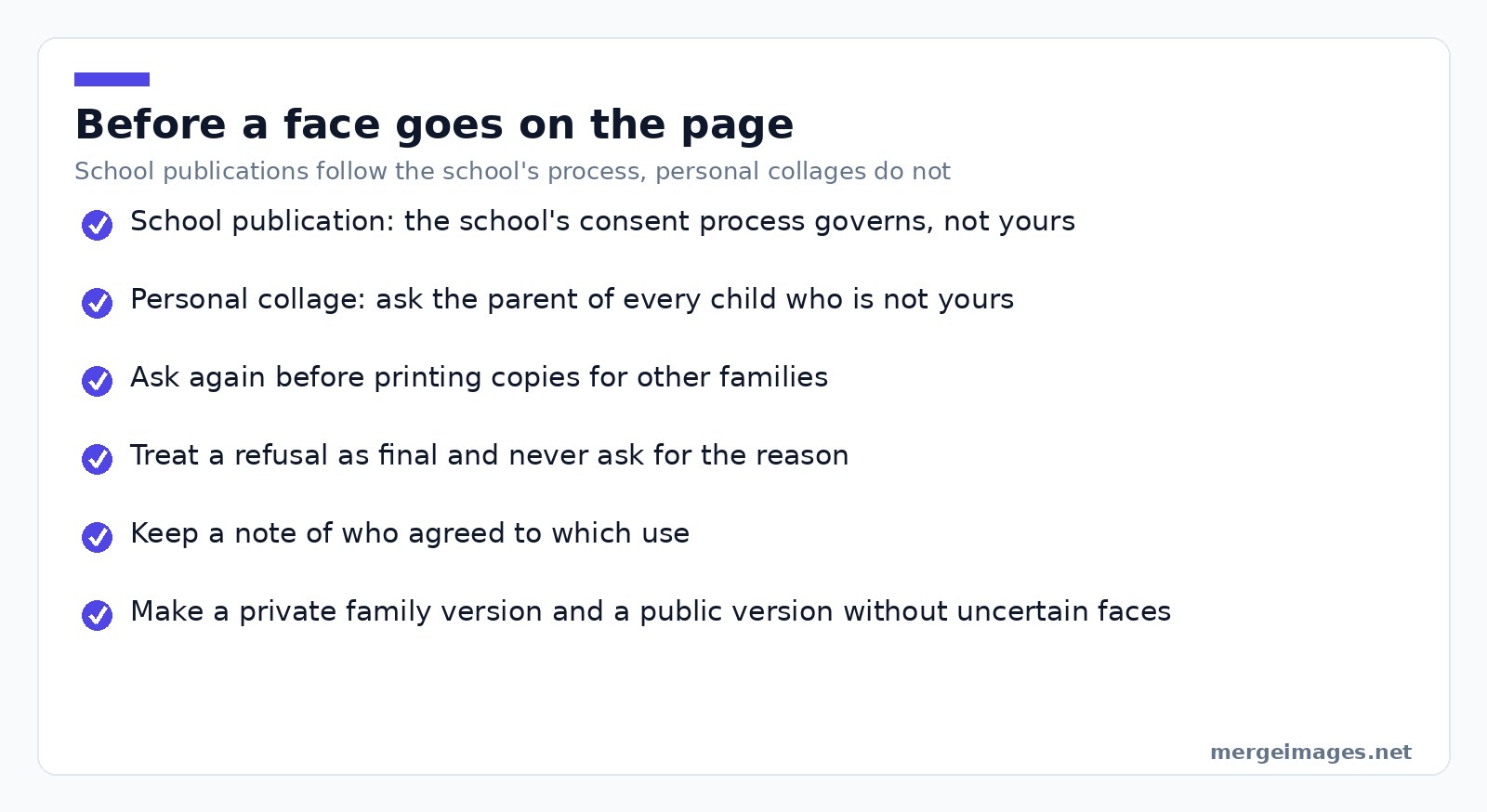 Consent checklist for using photos of minors in a personal yearbook collage page